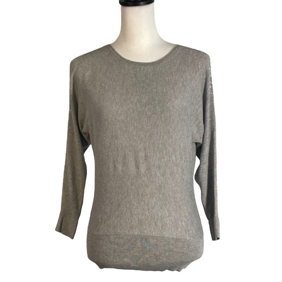 Loft Ash Gray Round Neck Clear Gemstone Cold Shoulder Long Sleeve Sweater XS - Picture 1 of 14